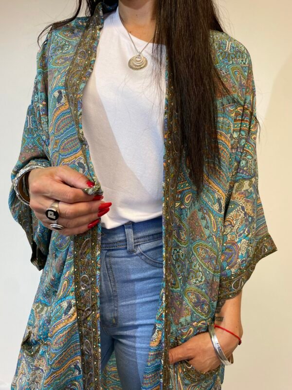 Kimono de Seda Largo con Bolsillos y Cinto